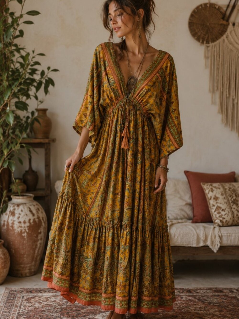Zury Women"s Festival Bohemian Western Artsy Maxi Kaftan Dress Free Size (S-XL)